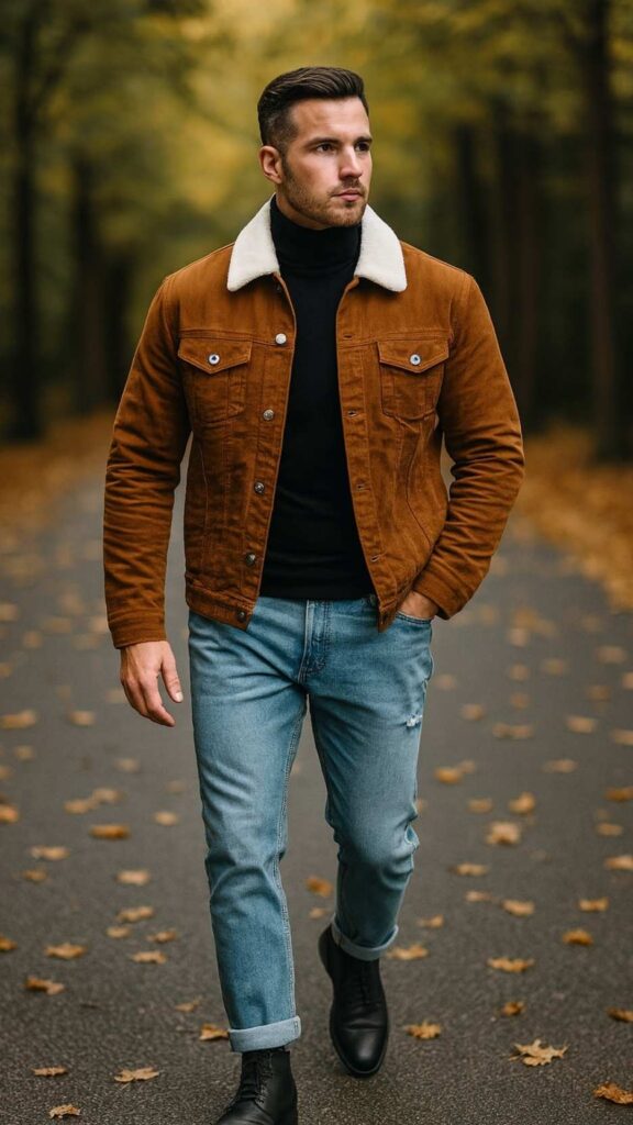 Brown Corduroy Trucker Jacket With Sherpa Collar + Black Turtleneck + Light-Blue Cuffed Jeans + Black Leather Lace-Up Boots