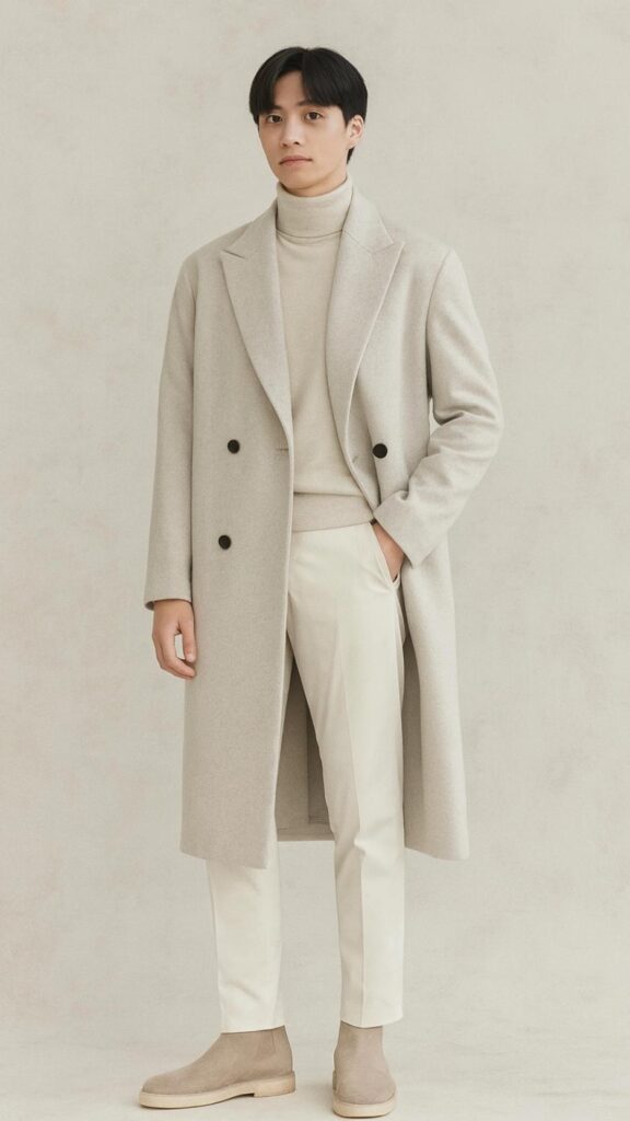 Light Monochrome Topcoat – Light-Beige Wool Overcoat + Cream Turtleneck Knit + Off-White Tailored Trousers + Beige Suede Chelsea Boots