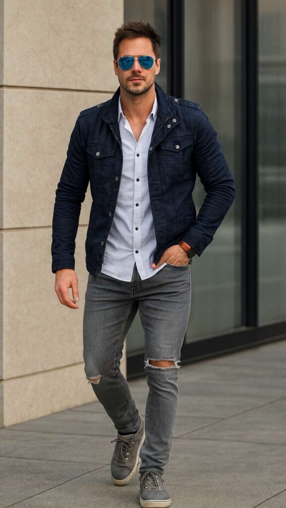 Navy Field Jacket + White Casual Button-Down Shirt + Light Grey Ripped Skinny Jeans + Grey Suede Low-Top Sneakers + Blue Mirrored Aviator Sunglasses + Orange-Strap Watch