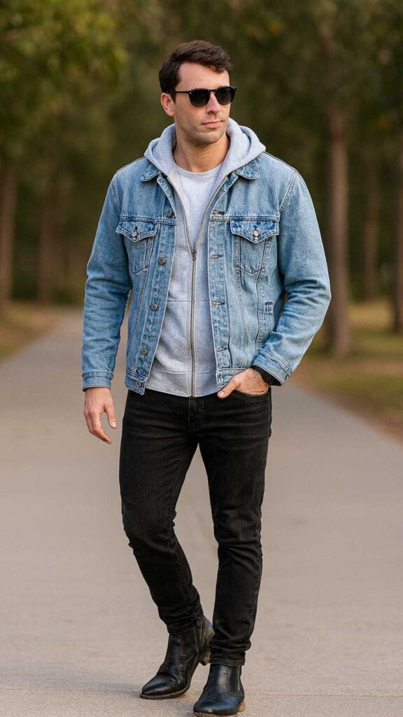 Light-Wash Denim Jacket + Light Grey Hoodie + White Tee + Black Skinny Jeans + Black Leather Ankle Boots