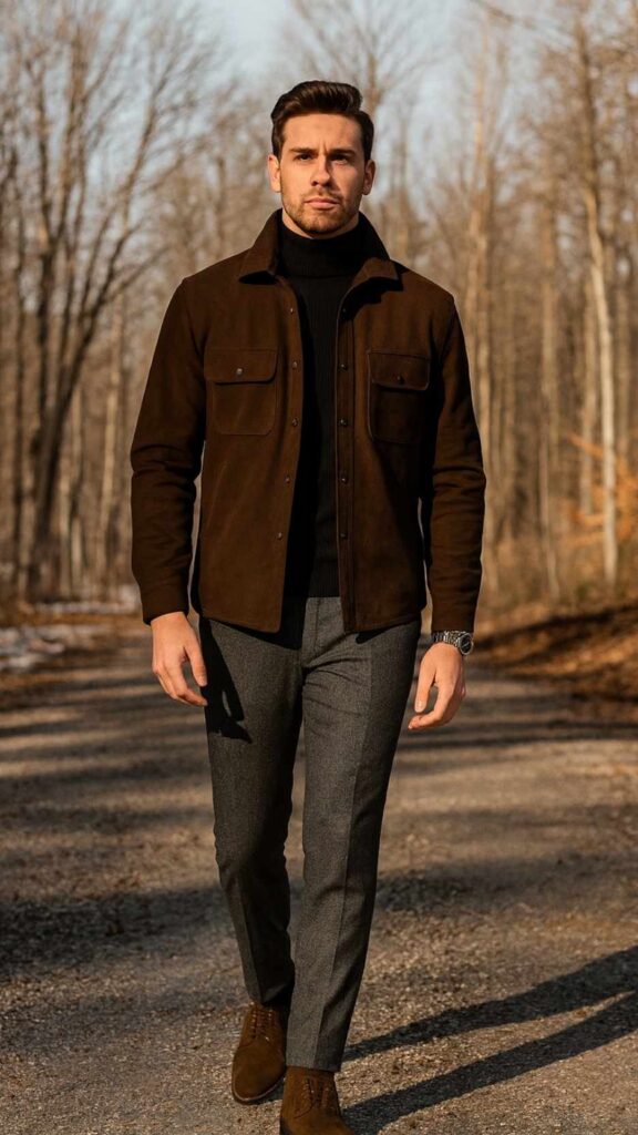 Chocolate Suede Trucker Jacket + Black Turtleneck + Charcoal Wool Trousers + Dark Brown Suede Brogue Boots