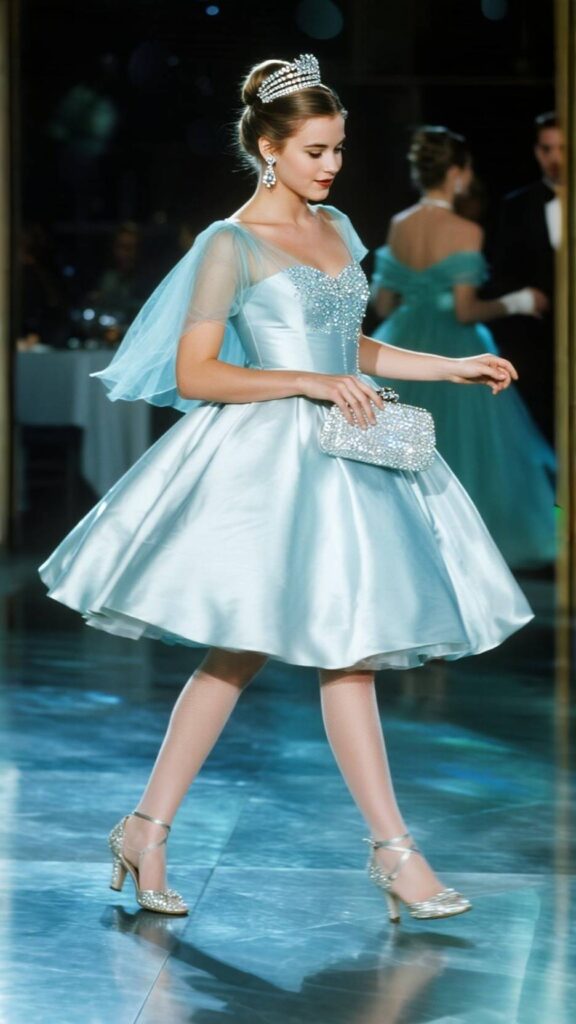 Rhinestone Headband + Crystal Drop Earrings + Satin A-Line Hoco Dress + Sheer Organza Shrug + Beaded Clutch + Sheer Tights + Ankle-Strap Heels