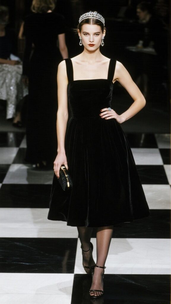 Satin Headband + Crystal Studs + A-Line Black HOCO Dress + Sheer Tights + Strappy Heels + Mini Box Clutch