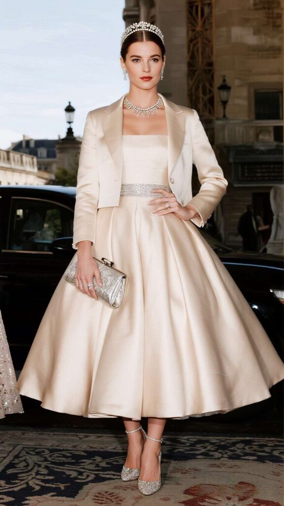 Pearl headband + crystal stud earrings + delicate pendant + satin blazer + A-line satin dress + beaded belt + metallic clutch + soft manicure + sheer tights + ankle-strap heels