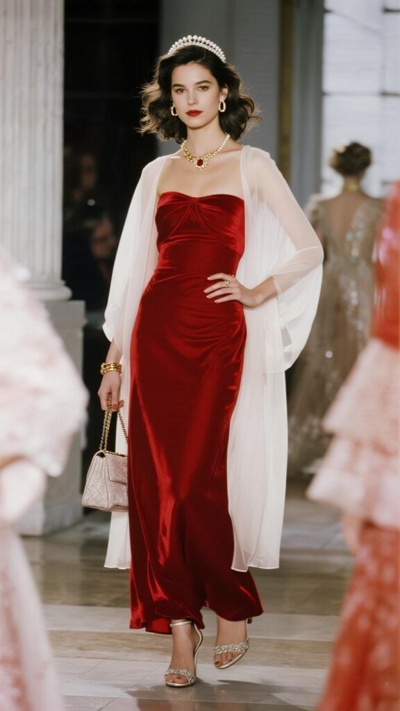 Pearl headband + soft waves + gold huggie hoops + layered pendant + red satin hoco dress + sheer shawl + slim bracelet + mini top-handle bag + strappy block heels