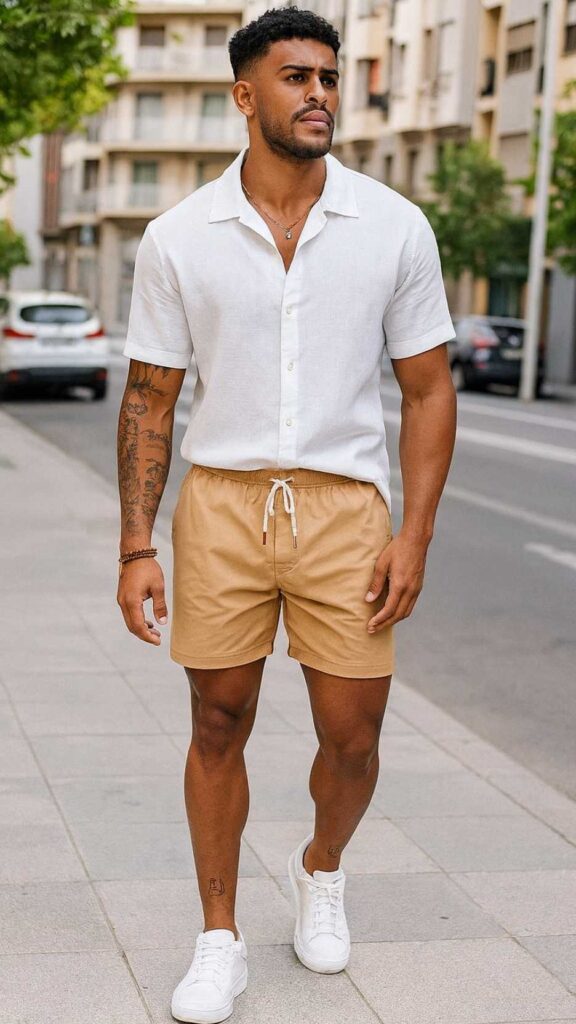White Linen Shirt + Beige Swim Shorts + White Sneakers