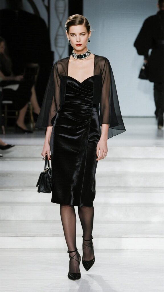 Sleek center-part blowout + Crystal hairpins + Dainty choker + Sheer cropped bolero + Black satin slip dress + Micro top-handle bag + Sheer black tights + Strappy kitten heels