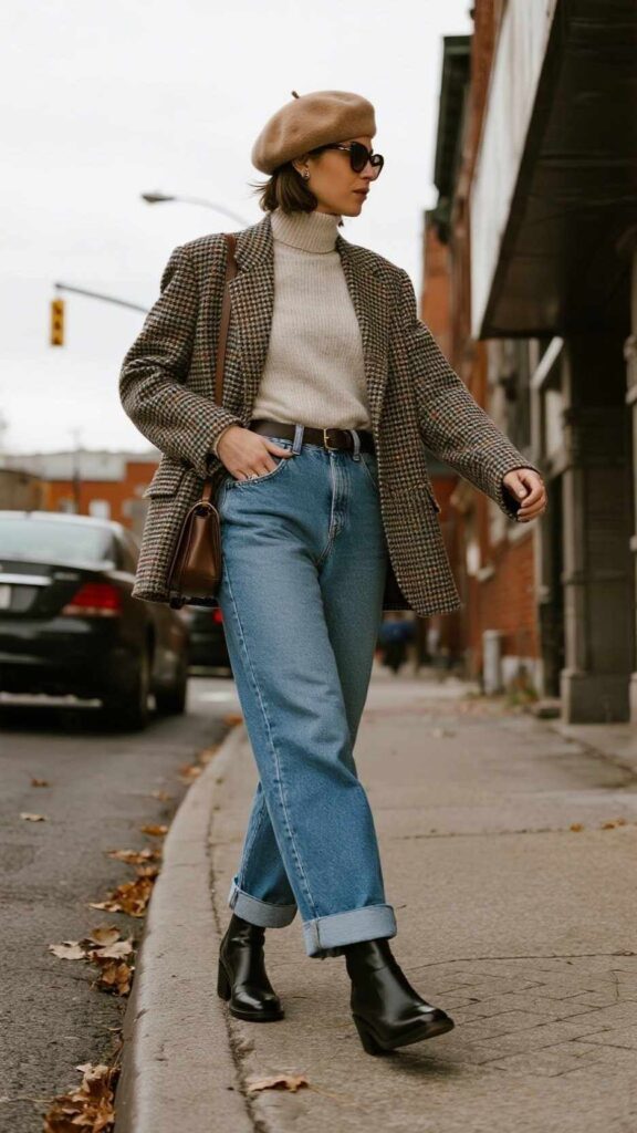 Wool Beret + Oversized Glen-Check Blazer + Ribbed Turtleneck + High-Rise Wide-Leg Jeans + Leather Belt + Sock-Fit Ankle Boots + Crossbody Bag