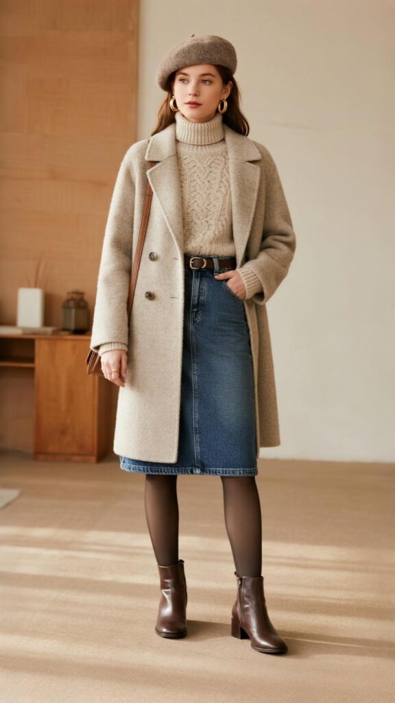 Wool Beret + Cable-Knit Turtleneck + Belted Denim Midi Skirt + Opaque Tights + Leather Chelsea Boots + Wool Overcoat + Crossbody Bag + Gold Hoop Earrings