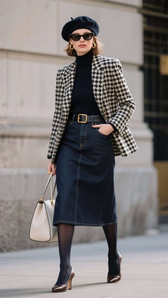 Wool Beret + Cat-Eye Sunglasses + Houndstooth Blazer + Fine-Gauge Turtleneck + Dark-Wash Jean Midi Skirt + Opaque Tights + Leather Belt + Slingback Pumps + Structured Tote + Gold Hoops
