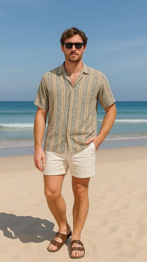 Patterned Short Sleeve Shirt + White Shorts + Brown Sandals + Black Sunglasses