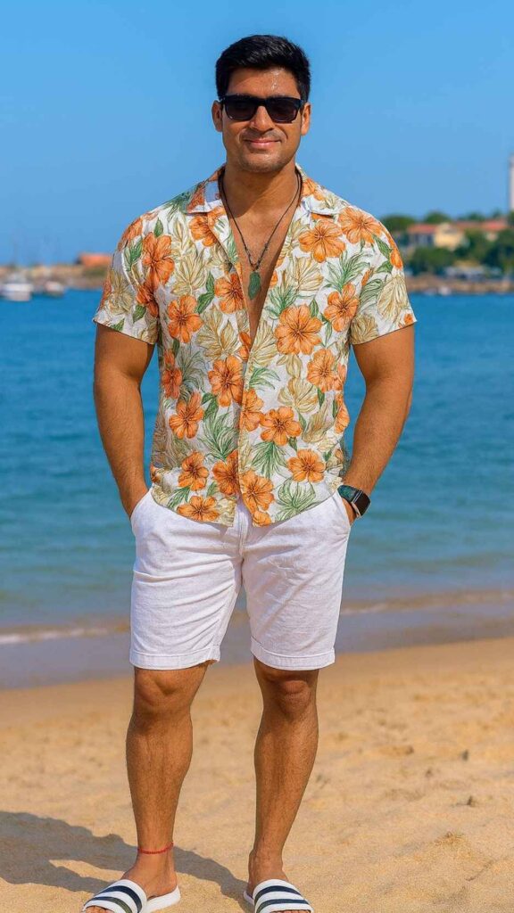 Floral Open Shirt + White Shorts + Blue-And-White Slides + Black Shades + Necklace