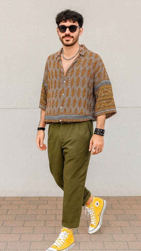 Rust Paisley Shirt + Olive Pleated Trousers + Yellow High-Top Converse