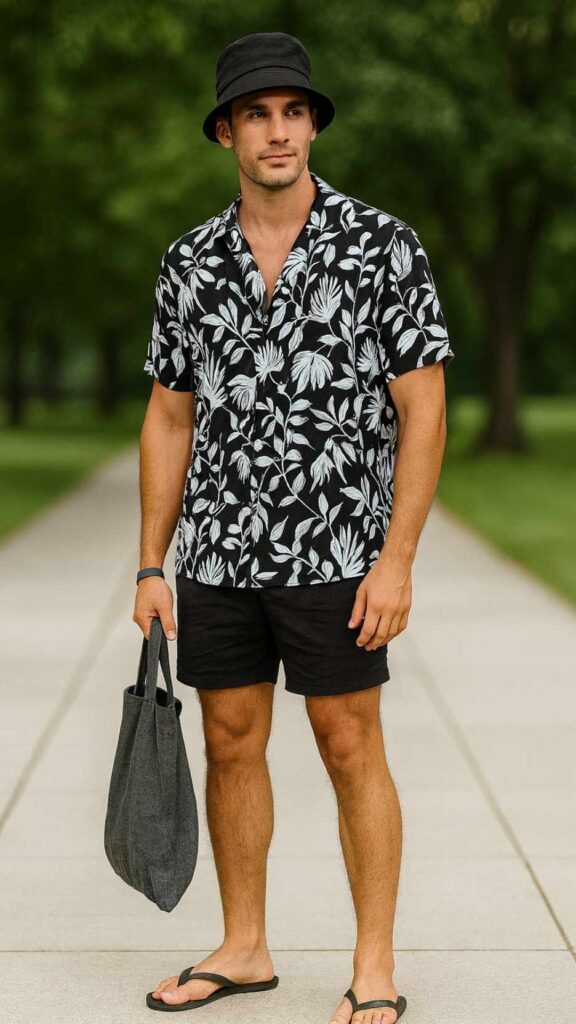 Black Bucket Hat + Leaf Camp Shirt + Black Linen Shorts + Flip-Flops