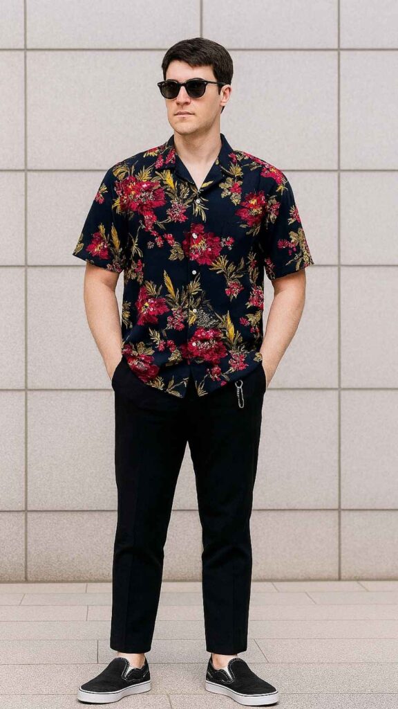 Black Round-Frame Sunglasses + Navy Floral Camp-Collar Shirt + Slim Cropped Black Trousers + Black Slip-On Sneakers
