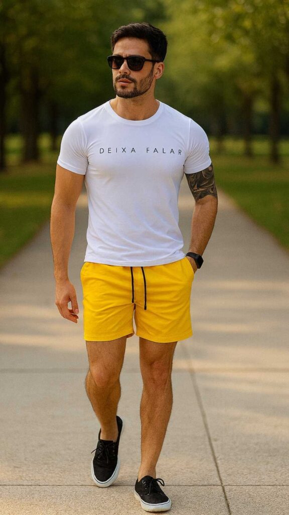 White Graphic Tee + Mustard Drawstring Swim Shorts + Black Plimsolls + Matte Sunglasses