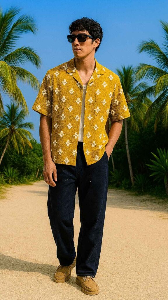 Black Rectangle Sunglasses + Mustard Textured Camp Shirt + White Rib Tank + Navy Straight Trousers + Tan Suede Wallabees