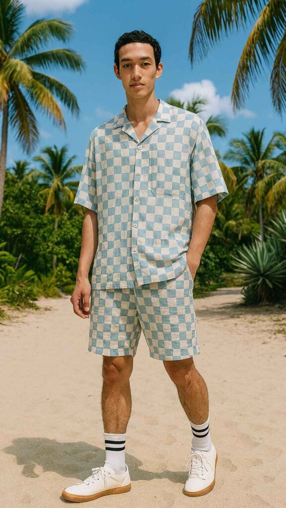 Sky-Check Camp Shirt + Matching Check Shorts + White Crew Socks + White Gum-Sole Court Sneakers
