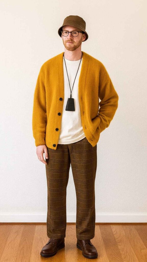Mustard Chunky Cardigan + White Tee + Brown Plaid Trousers + Brown Leather Boots + Brown Bucket Hat + Black Neck Pouch Lanyard