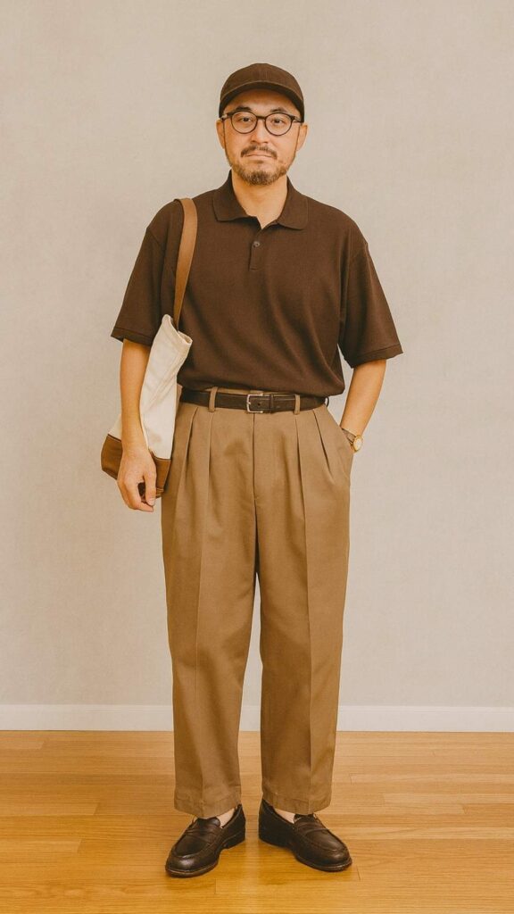 Dark Brown Knit Polo + White Tee + Tan Pleated Trousers + Brown Leather Loafers + Black Belt + Brown Baseball Cap + Off-White Canvas Tote