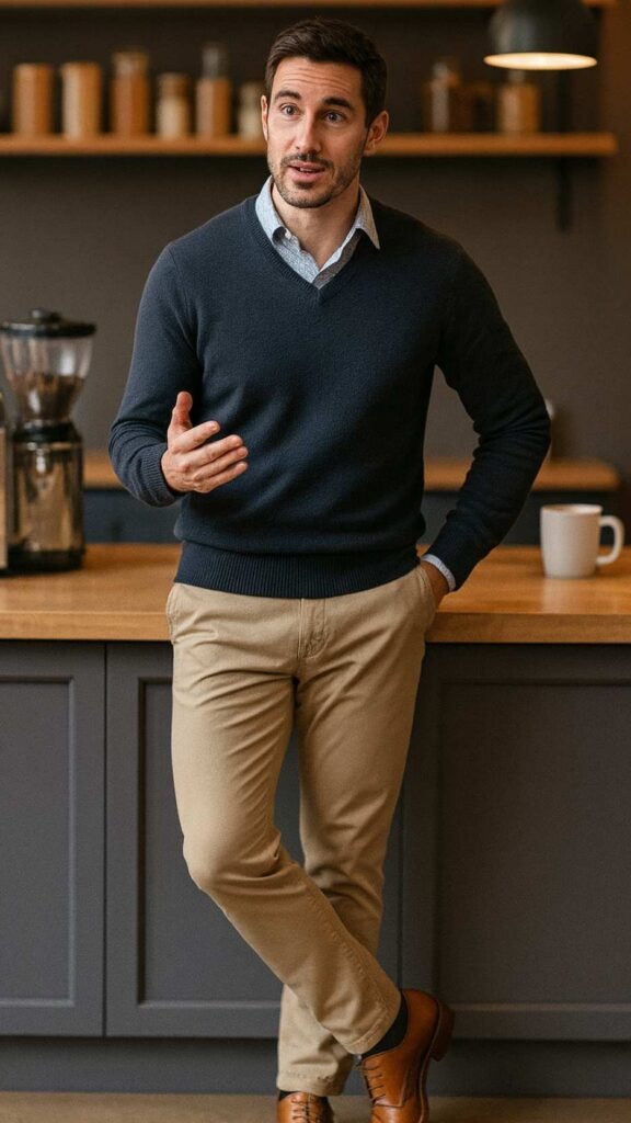 Navy V-Neck Sweater + Light Blue Oxford Shirt + Khaki Chinos + Tan Leather Oxford Shoes