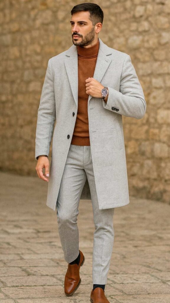 Pale-Gray Overcoat + Camel Turtleneck + Light-Gray Slim Trousers + Cognac Leather Chelsea Boots + Tortoiseshell Sunglasses + Steel Watch