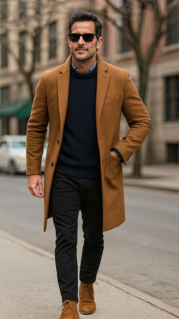 Smart Layers With Chukkas – Camel Overcoat + Navy Crewneck Sweater + Light-Blue Oxford Shirt + Black Jeans + Tan Suede Chukka Boots