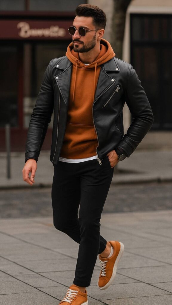 Black Leather Biker Jacket + Burnt-Orange Hoodie + White Tee + Black Skinny Jeans + Tan Leather Low-Top Sneakers + Round Sunglasses + Wristwatch