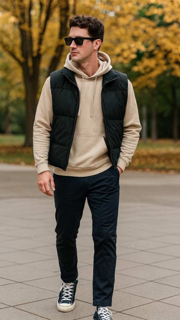 Black Puffer Vest + Beige Hoodie + Charcoal Jogger Pants + Black-and-White Canvas Sneakers + Square Sunglasses