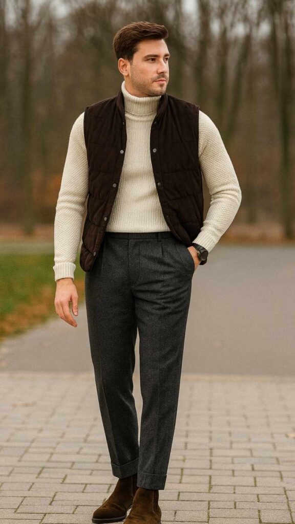 Dark Brown Quilted Vest + Cream Ribbed Turtleneck + Grey Pleated Trousers + Brown Suede Loafers