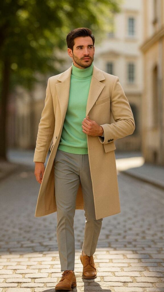 Sand Trench/Overcoat + Mint Green Turtleneck + Light Grey Tailored Trousers + Tan Leather Derby Boots