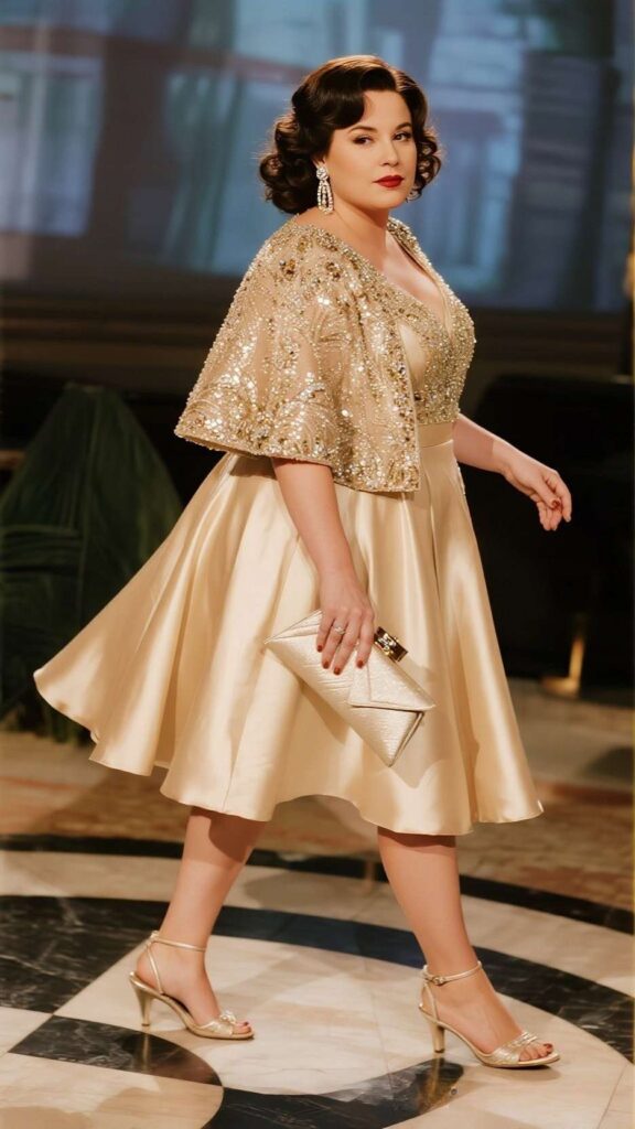 Side-Swept Curls + Crystal Studs + High-Low Satin Dress + Embellished Capelet + Envelope Clutch + Bare Legs + Block-Heel Sandals