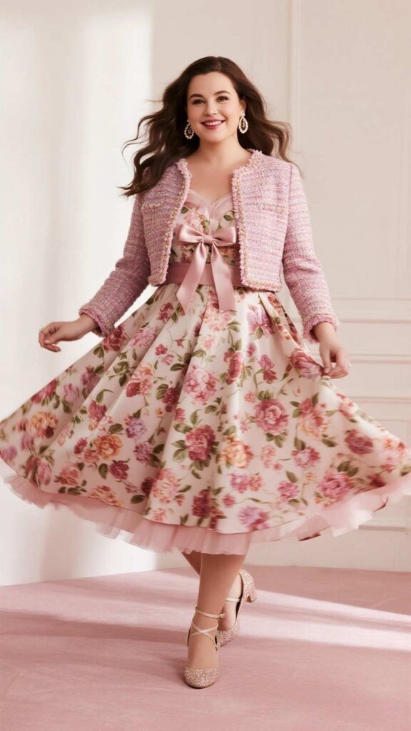 Satin bow + floral fit-and-flare midi + cropped tweed jacket + stud earrings + Mary Jane heels