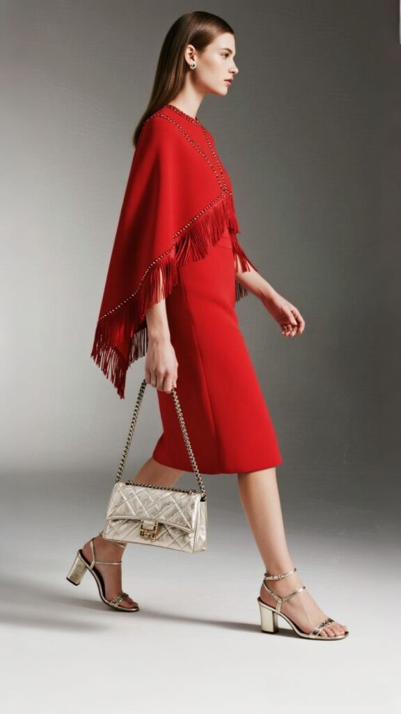 Straight Blowout + Minimal Studs + Red Column Dress + Beaded Fringe Cape + Top-Handle Satchel + Metallic Mules