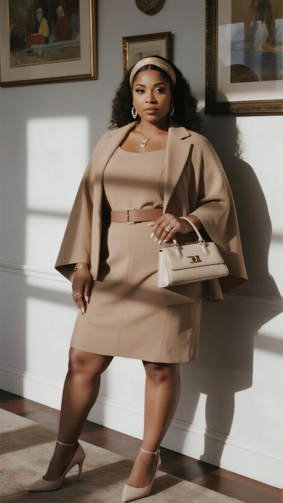 Minimalist headband + stud earrings + Y-drop necklace + tailored cape blazer + coordinated two-piece set + waist belt + top-handle bag + neutral manicure + sheer tights + pointed-toe pumps