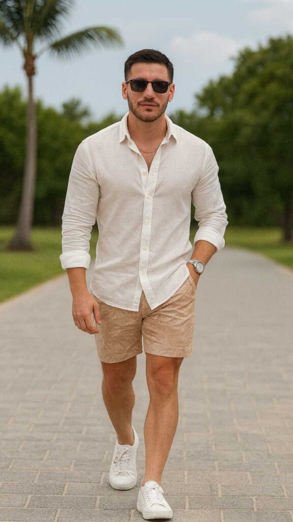 Rolled Sleeve Linen Shirt + Patterned Beige Shorts + White Sneakers + Sunglasses + Chain Necklace