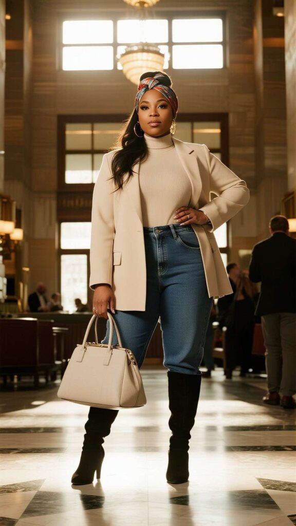 Knotted Headwrap + Boxy Blazer + Turtleneck Bodysuit + Wide-Leg Jeans + Knee-High Boots + Oversized Tote