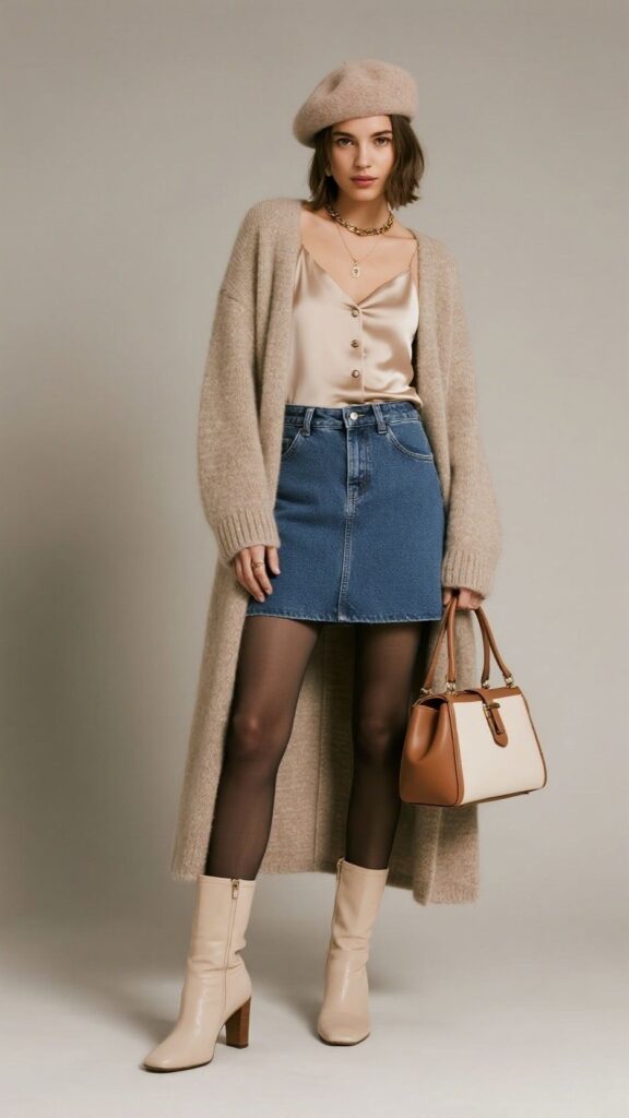 Wool Felt Beret + Longline Cardigan Coat + Satin Camisole + Button-Through Denim Skirt + Merino Tights + Heeled Sock Boots + Bucket Bag + Delicate Layered Necklaces