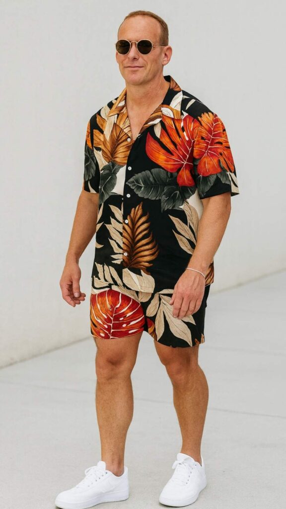 Matching Floral Shirt And Shorts Set + White Sneakers + Round Sunglasses