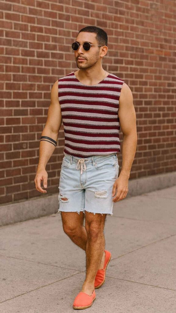 Red Striped Sleeveless Shirt + White Distressed Shorts + Red Loafers + Sunglasses