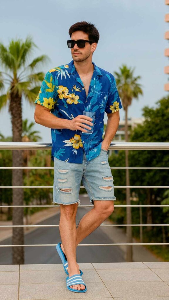 Navy Floral Hawaiian Shirt + Ripped Light Denim Knee Shorts + Blue Slide Sandals