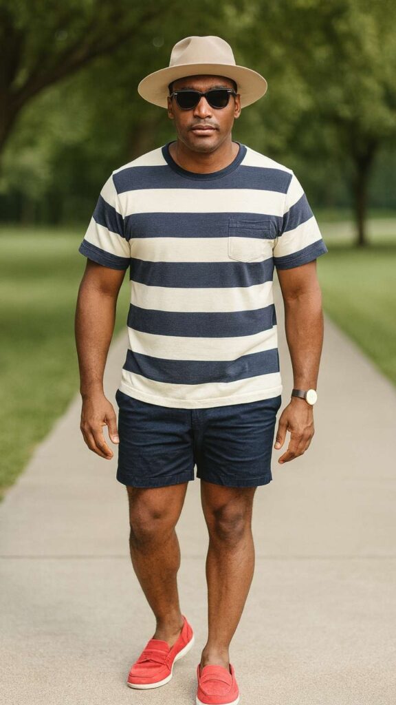 Navy Stripe Tee + Navy Shorts + Red Espadrilles + Felt Hat