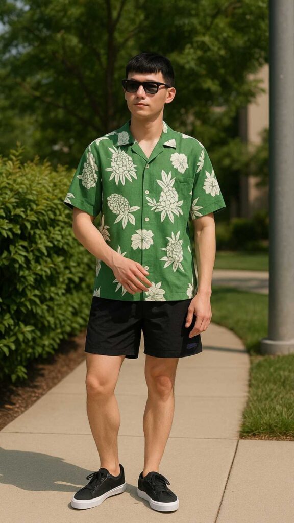 Green Pineapple Camp Shirt + Black Sport Shorts + Black Skate Sneakers + Clear-Frame Glasses