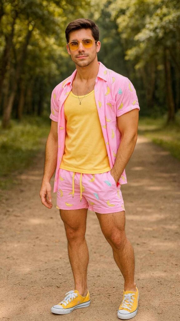 Pink Banana-Print Shirt + Yellow Tank + Matching Pink Drawstring Shorts + Yellow Low-Top Sneakers + Amber Glasses