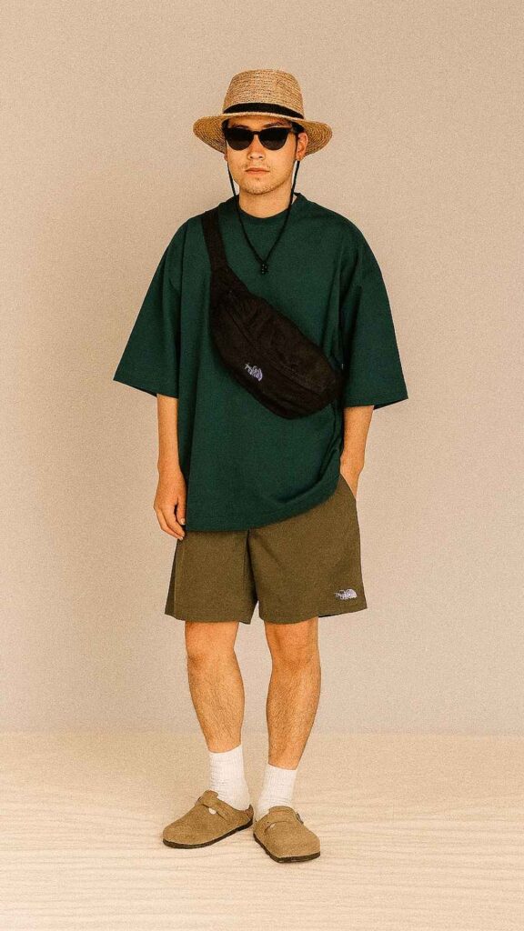 Straw Boonie Hat + Black Square Sunglasses + Dark-Green Oversized Tee + Black Sling Bag + Olive Nylon Shorts + White Crew Socks + Taupe Suede Clogs