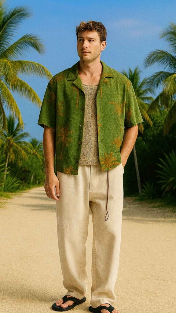 Olive Terry Palm-Print Camp Shirt + Sand Open-Knit Tank + Off-White Drawstring Canvas Trousers + Black Leather Flip-Flops
