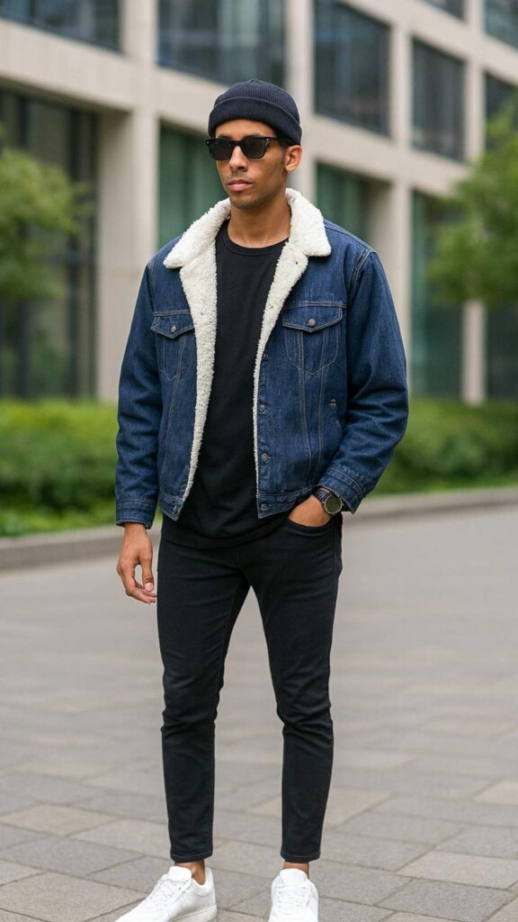 Blue Denim Sherpa Jacket + Black Tee + Dark Skinny Biker Jeans + White Sneakers + Black Beanie + Black Sunglasses