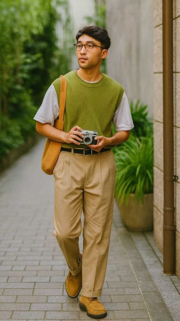 Olive Sweater Vest + White Tee + Tan Pleated Trousers + Tan Suede Moccasins