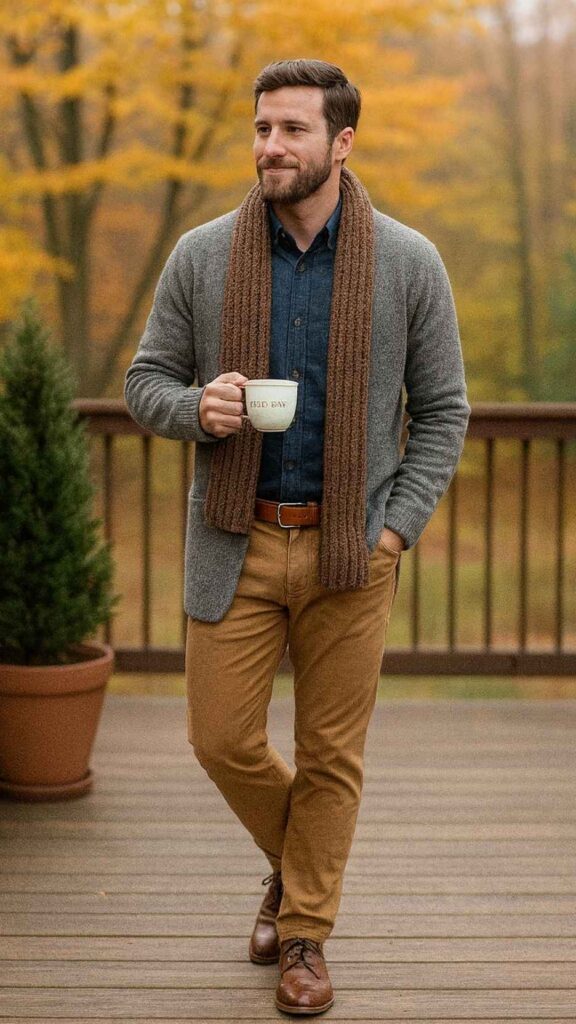 Gray Knit Cardigan + Dark Chambray Shirt + Chunky Brown Scarf + Tan Chinos + Brown Leather Derby Boots + Tan Belt
