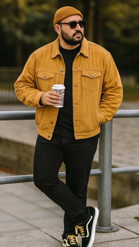 Mustard Denim Jacket + Black Tee + Black Skinny Jeans + Black/White Vans Old Skool With Yellow Laces + Mustard Beanie + Black Sunglasses